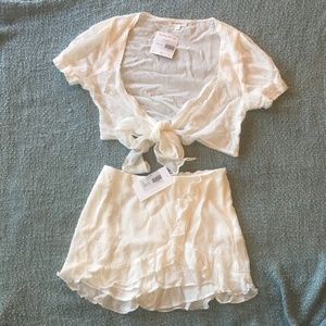 2 piece white tie crop top with ruffled skort